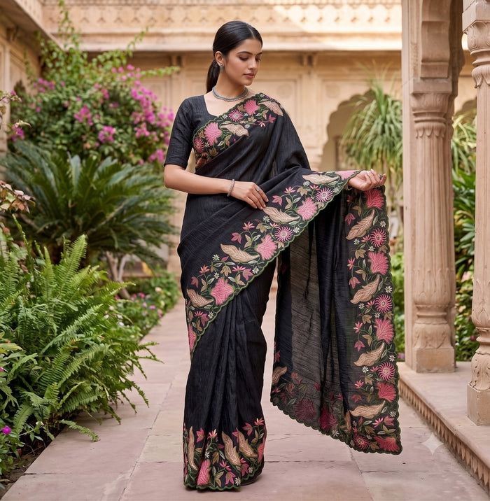 Trending Crushed Chinon Embroidered Floral Sarees