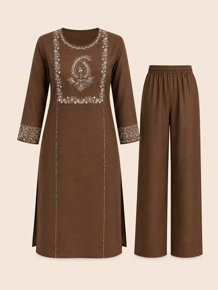 Chocolate Brown Embroidered Kurta Set