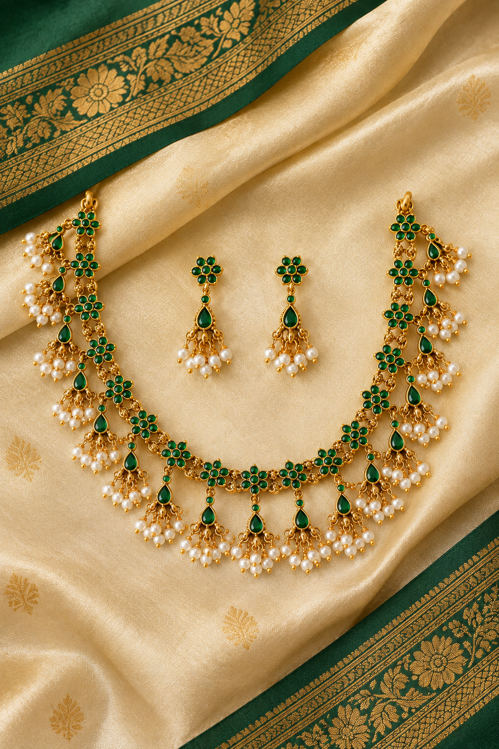 Devi — Emerald & Pearl Temple Necklace Set
