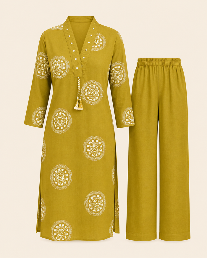 Olive Green Printed Kurta Set with Matching Bottom