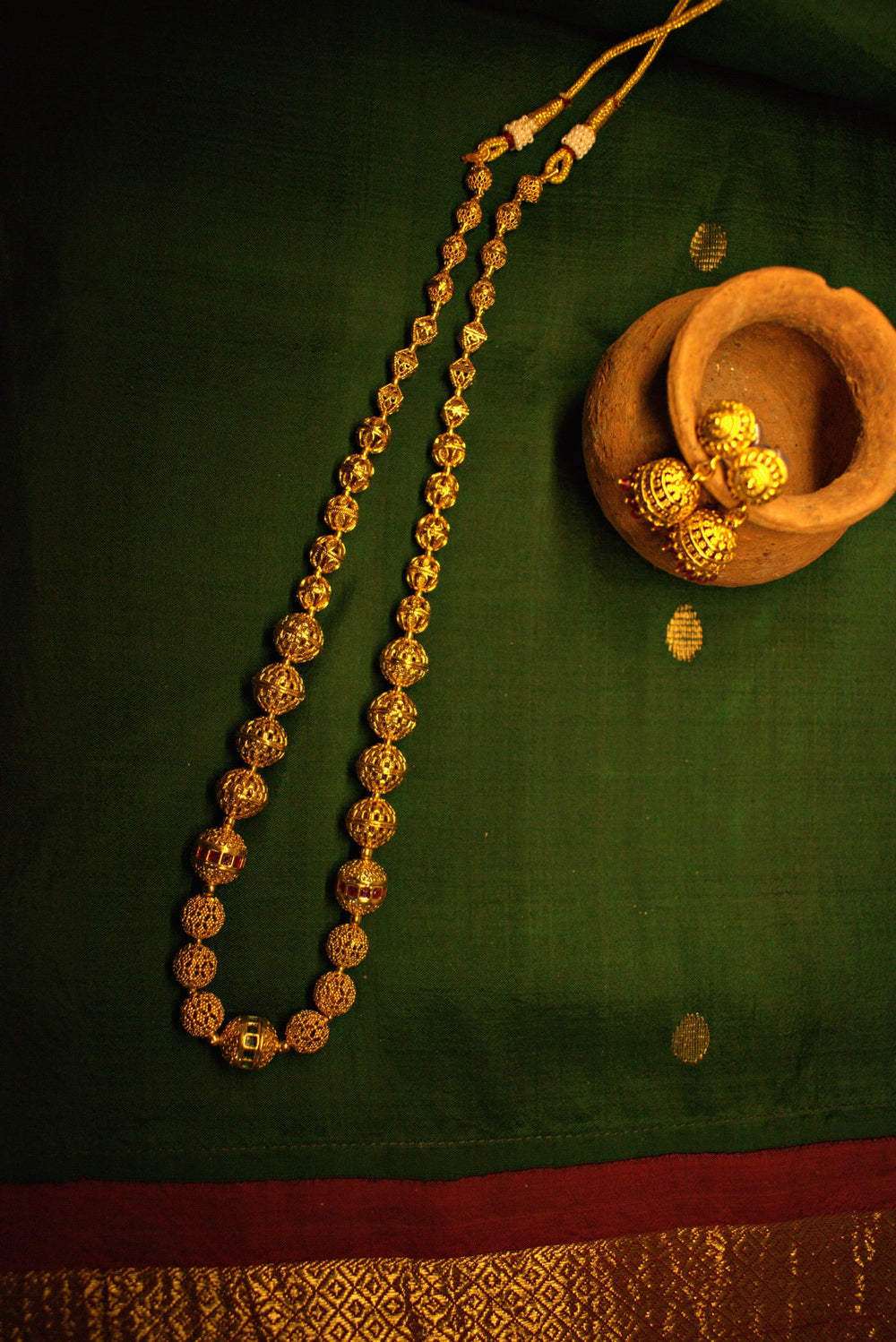 Antique Gold Filigree Beaded Long Necklace & Jhumka Earring Set