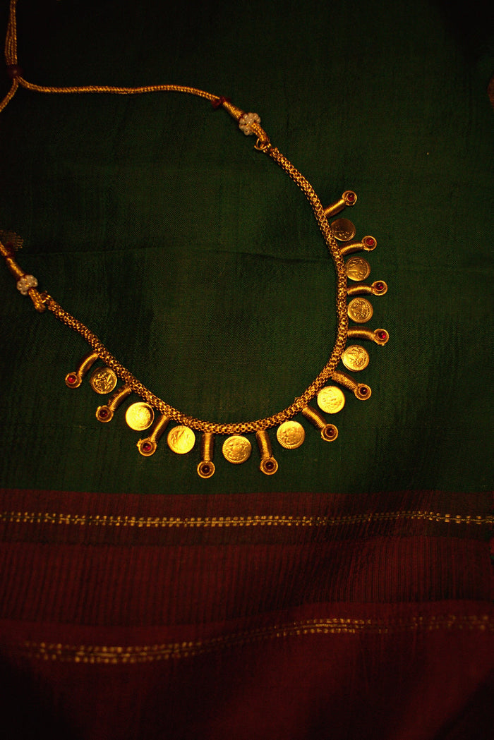 Gold Kasu Coin Necklace with Matching Earrings