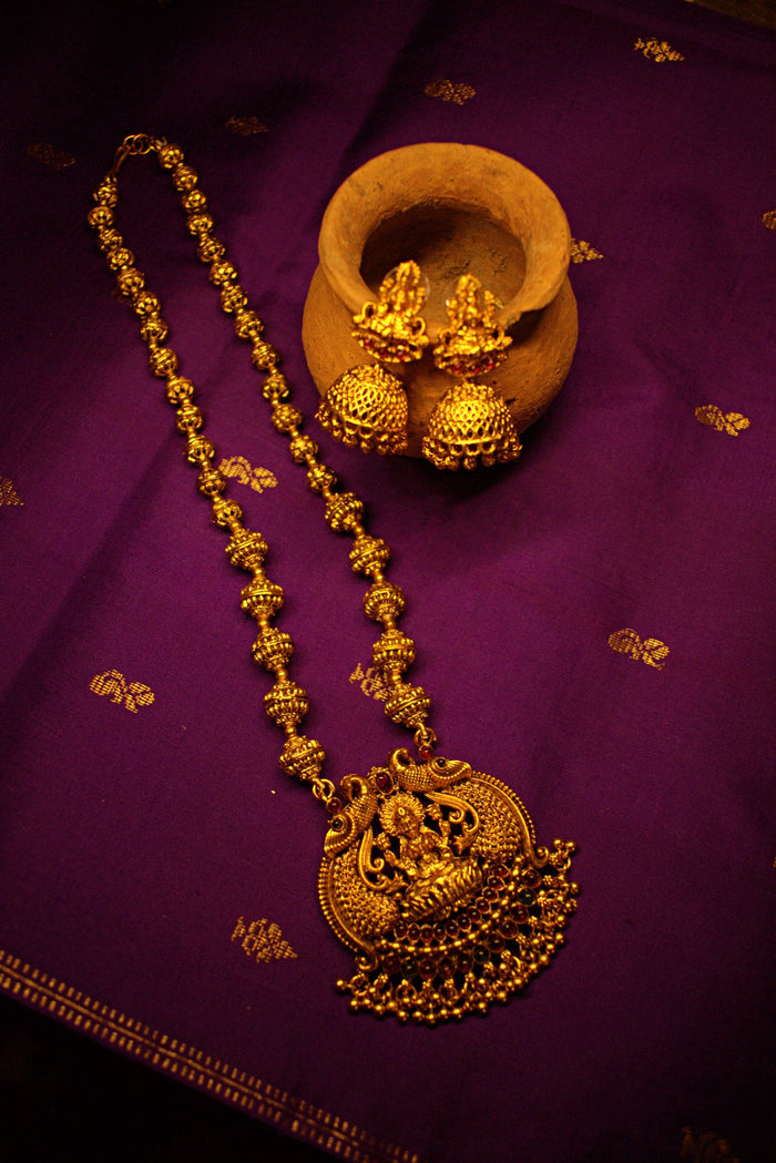 Antique Gold Peacock Lakshmi Pendant Necklace with Matching Jhumka Earrings