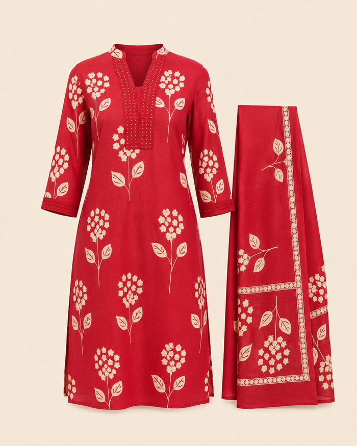 Red Floral Printed Kurta Set with Matching Dupatta