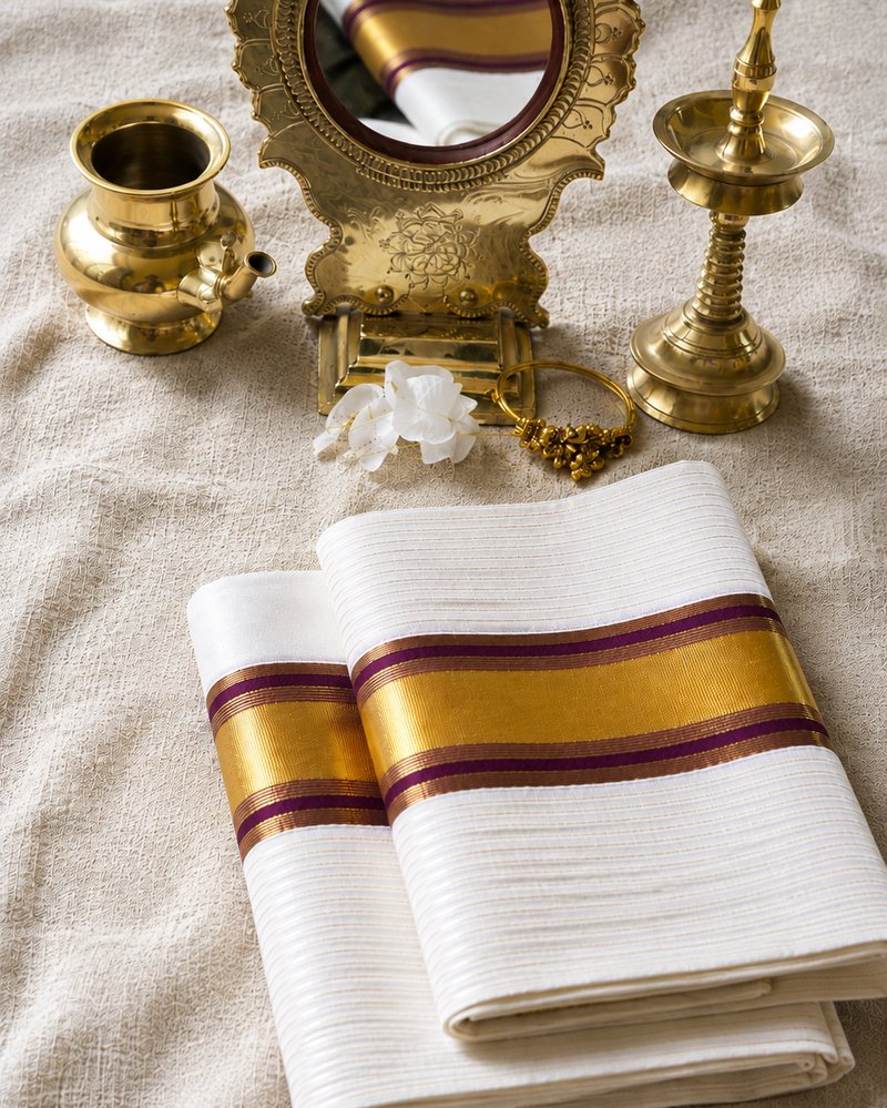 Set mundu with gold and magenta kara, styled with brass